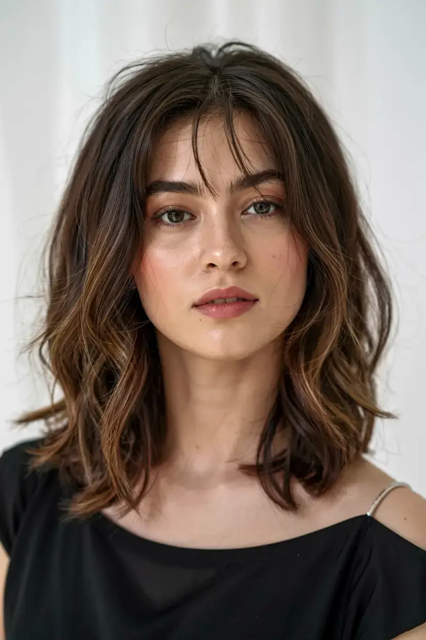 winter haircuts for round faces ideas 2025 2026 Effortless Waves with Curtain Fringe