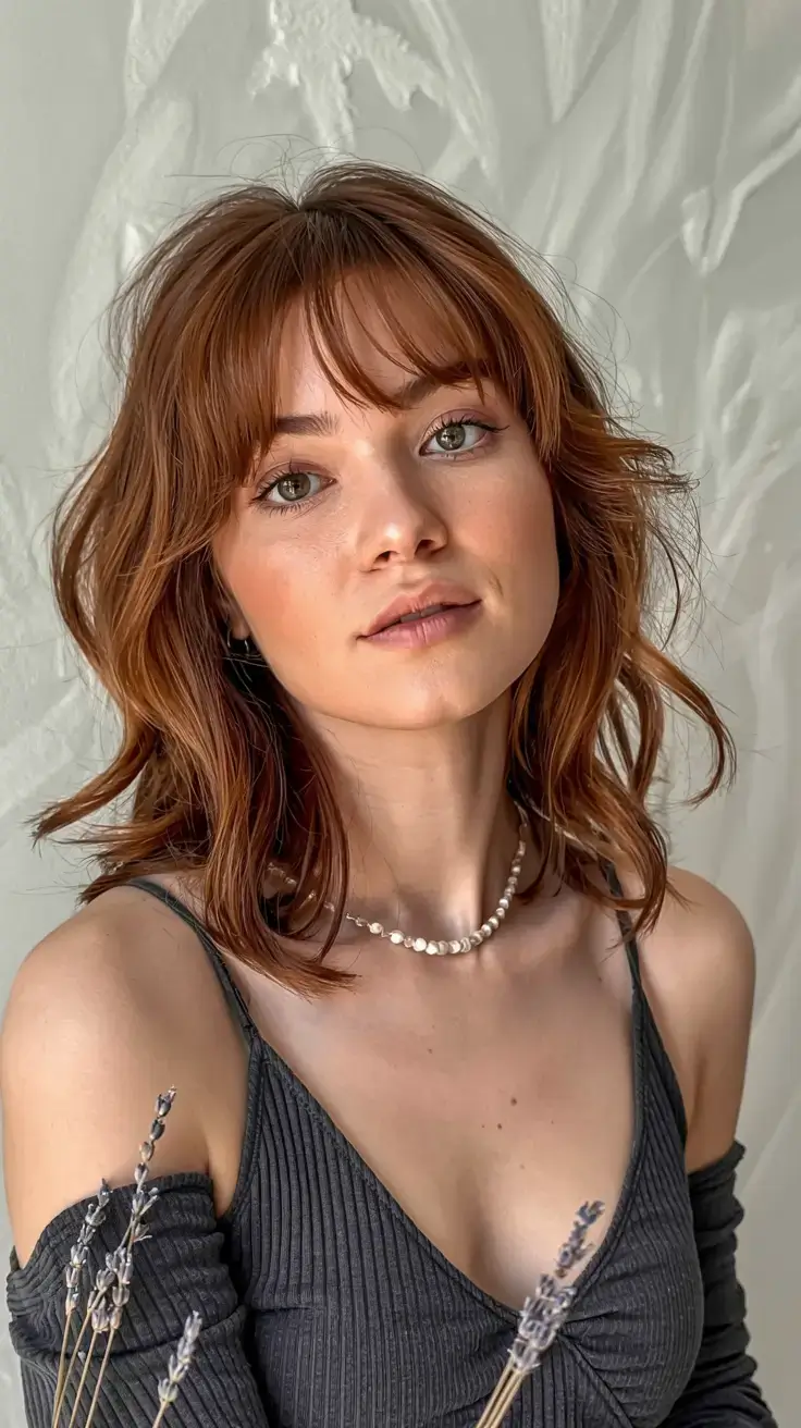winter haircuts for round faces ideas 2025 2026 Soft Copper Shag with Feathered Bangs