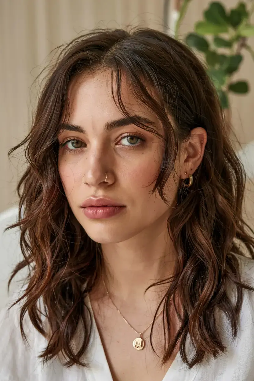 winter haircuts for round faces ideas 2025 2026 Soft Wavy Lob with Wispy Fringe