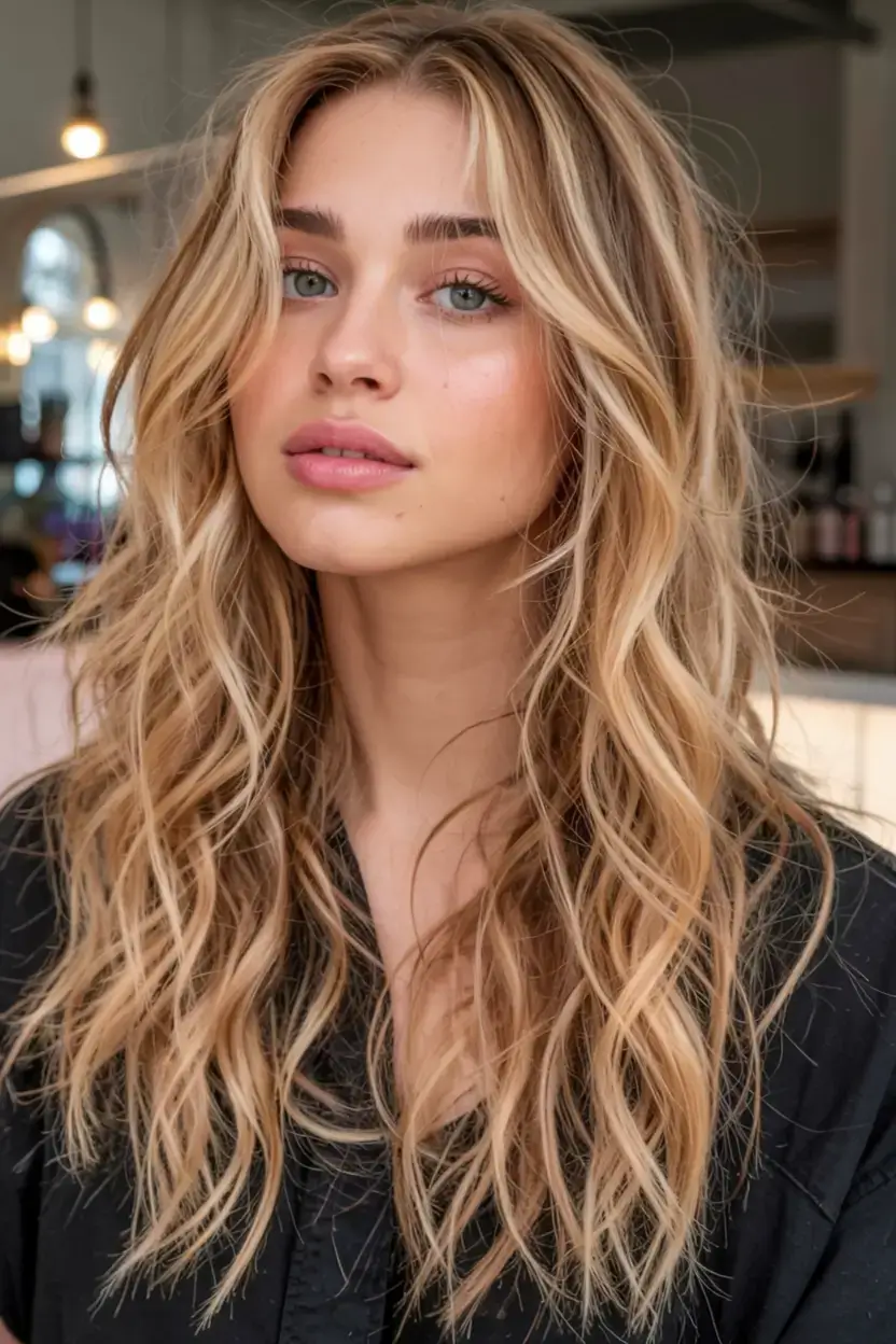 winter haircuts for round faces ideas 2025 2026 Golden Layers with Beachy Texture