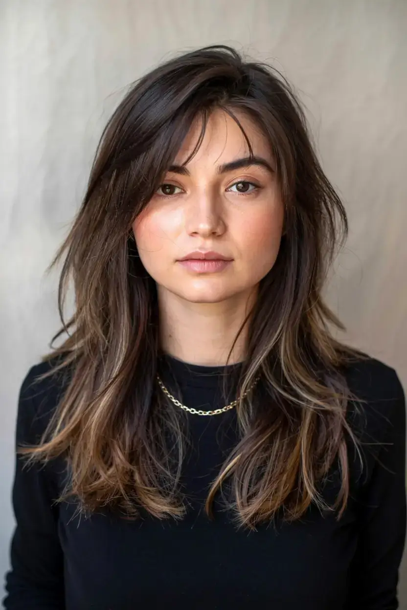 winter haircuts for round faces ideas 2025 2026 Soft Long Layers with Side Bangs