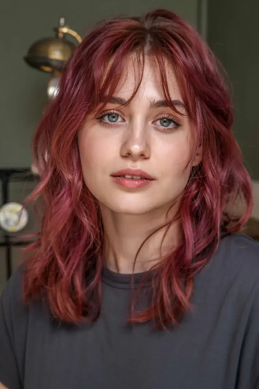 winter haircuts for round faces ideas 2025 2026 Rosewood Shag with Airy Fringe