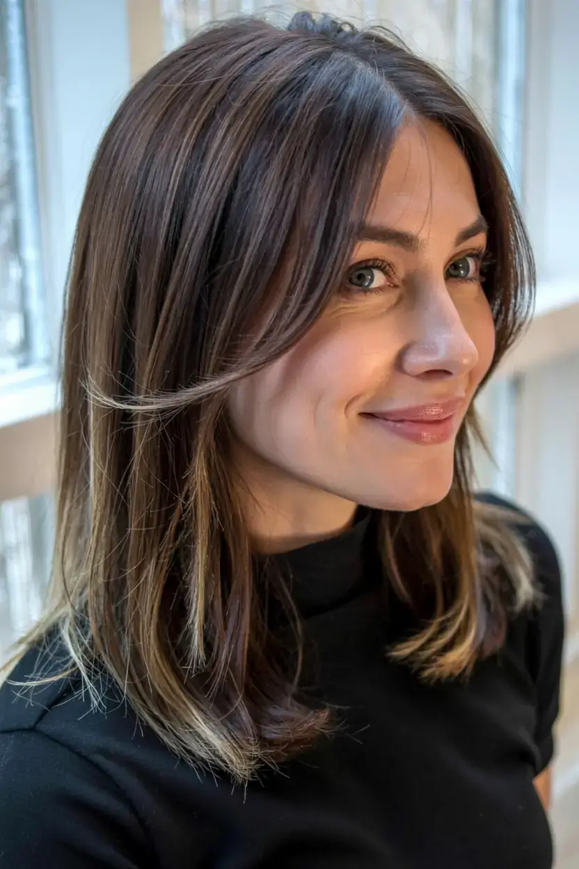 winter haircuts for round faces ideas 2025 2026 Glossy Straight Layers with Center Part