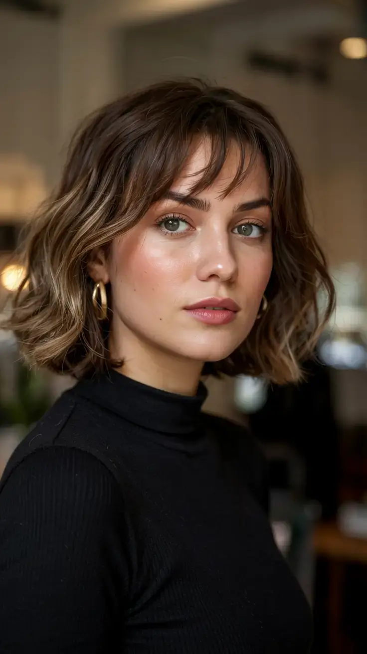winter haircuts for round faces ideas 2025 2026 Curved Bob with Wispy Bangs