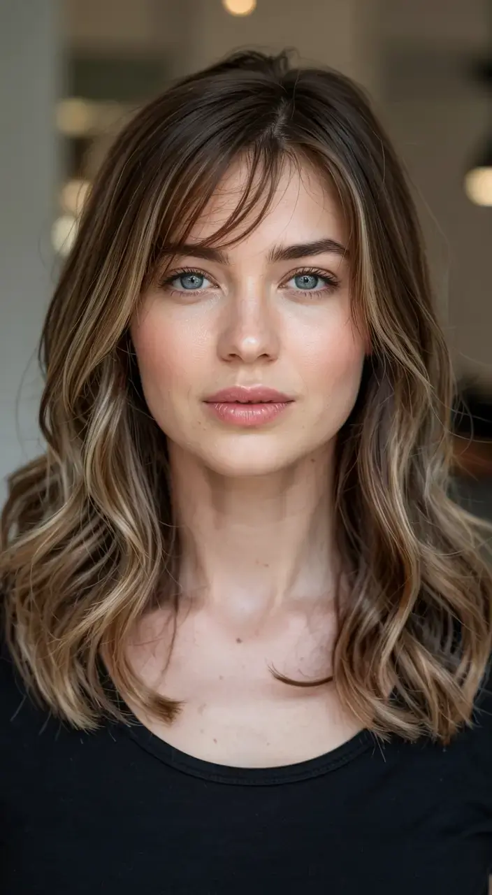 winter haircuts for round faces ideas 2025 2026 Soft Waves with Wispy Bangs