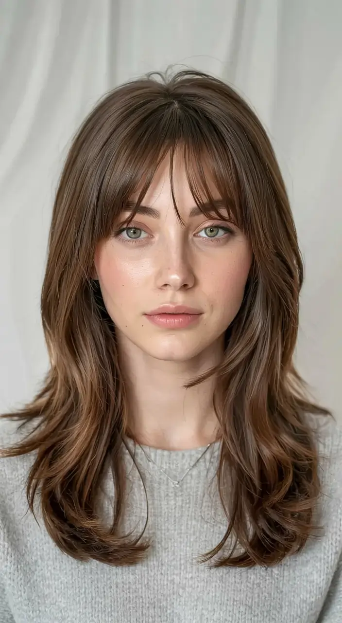 winter haircuts ideas 2025 2026 Soft Layers with Airy Curtain Bangs