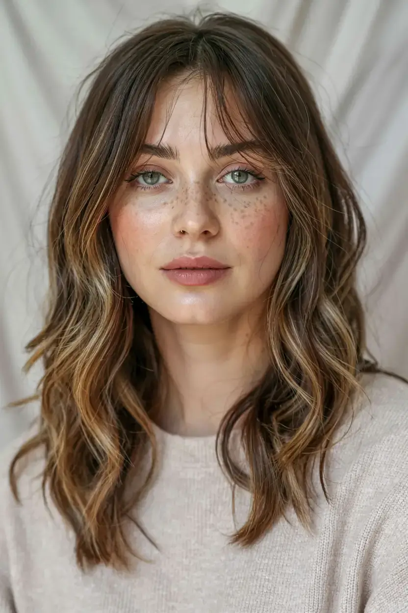 winter haircuts ideas 2025 2026 Sunlit Brunette Waves with Curtain Bangs