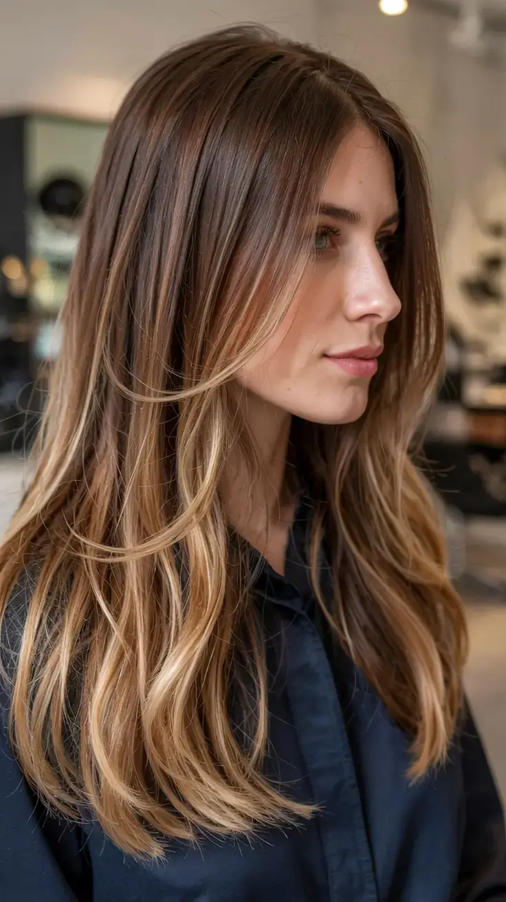 winter haircuts ideas 2025 2026 Long Layers with Honey Balayage
