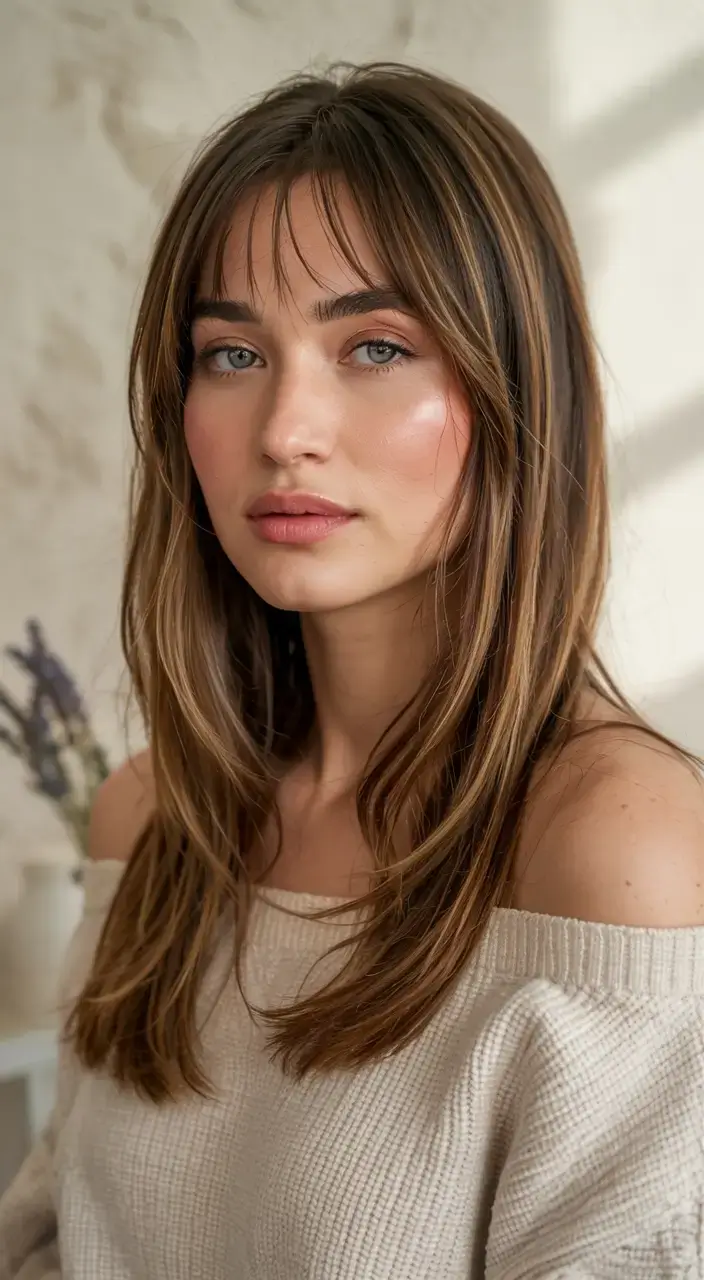 winter haircuts ideas 2025 2026 Layered Mid-Length Cut with Curtain Bangs