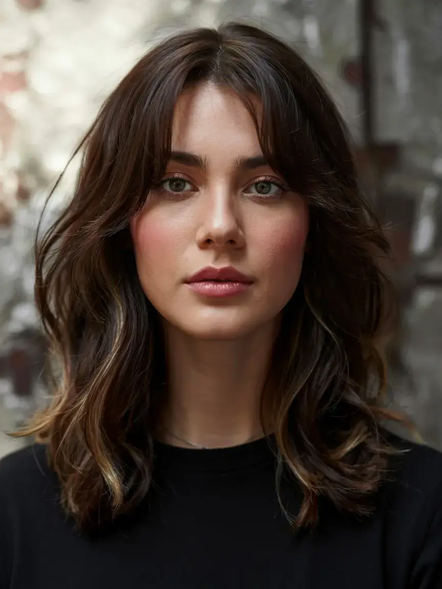 winter haircuts ideas 2025 2026 Chic Shag with Soft Curtain Bangs