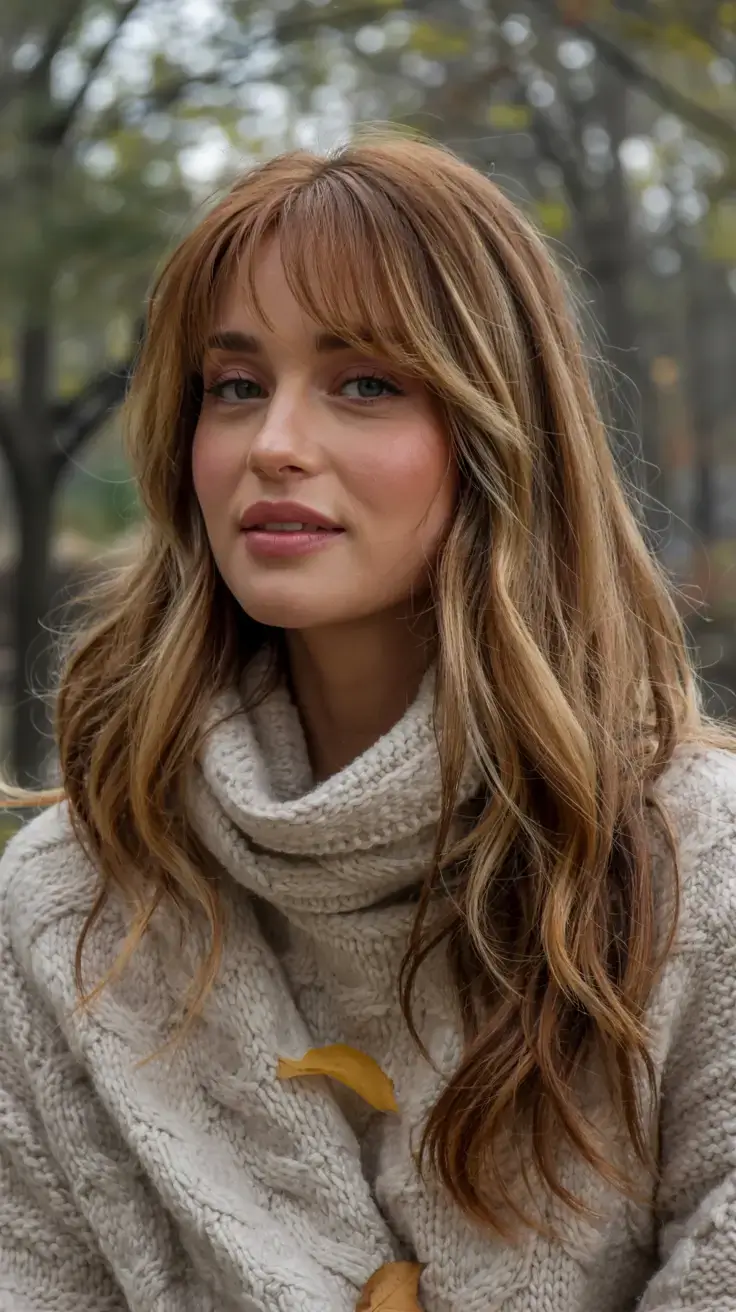 winter haircuts ideas 2025 2026 Soft Golden Layers with Effortless Bangs