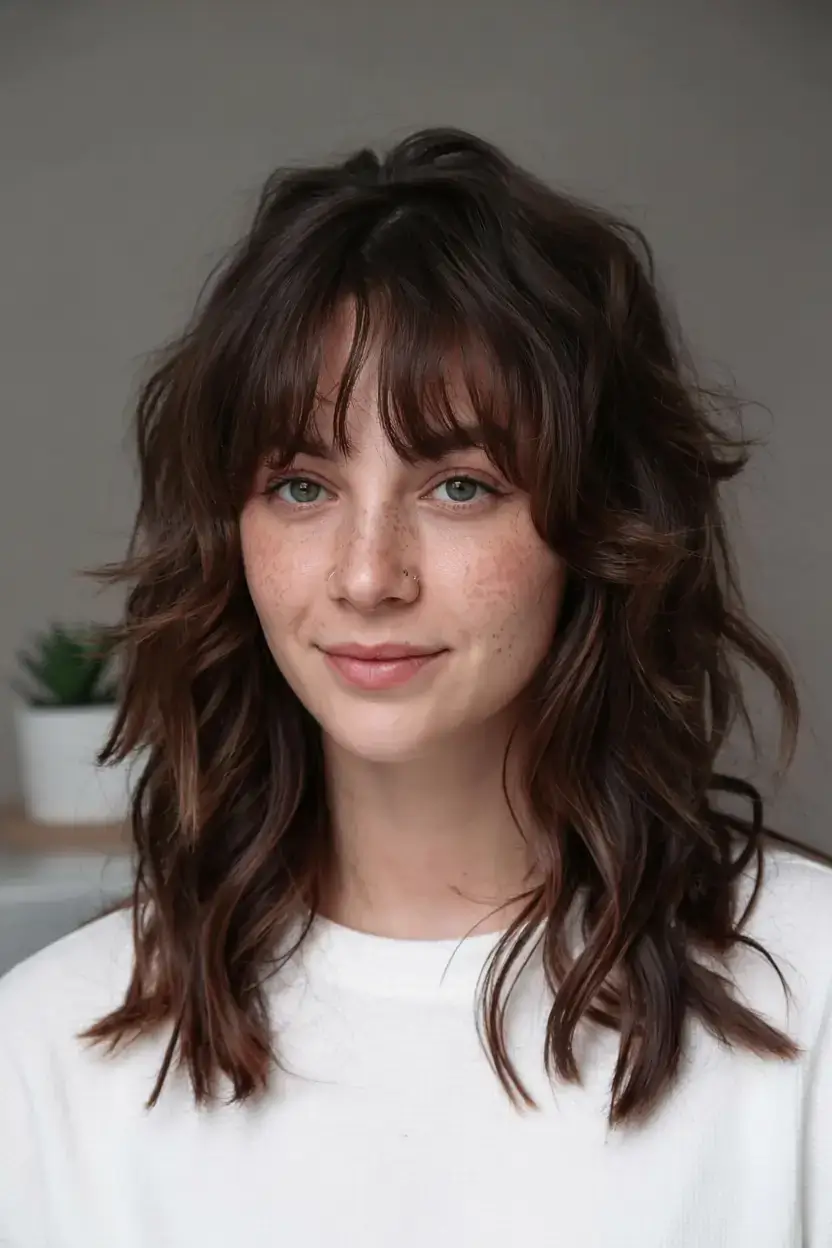 winter haircuts ideas 2025 2026 Effortless Shag with Textured Fringe