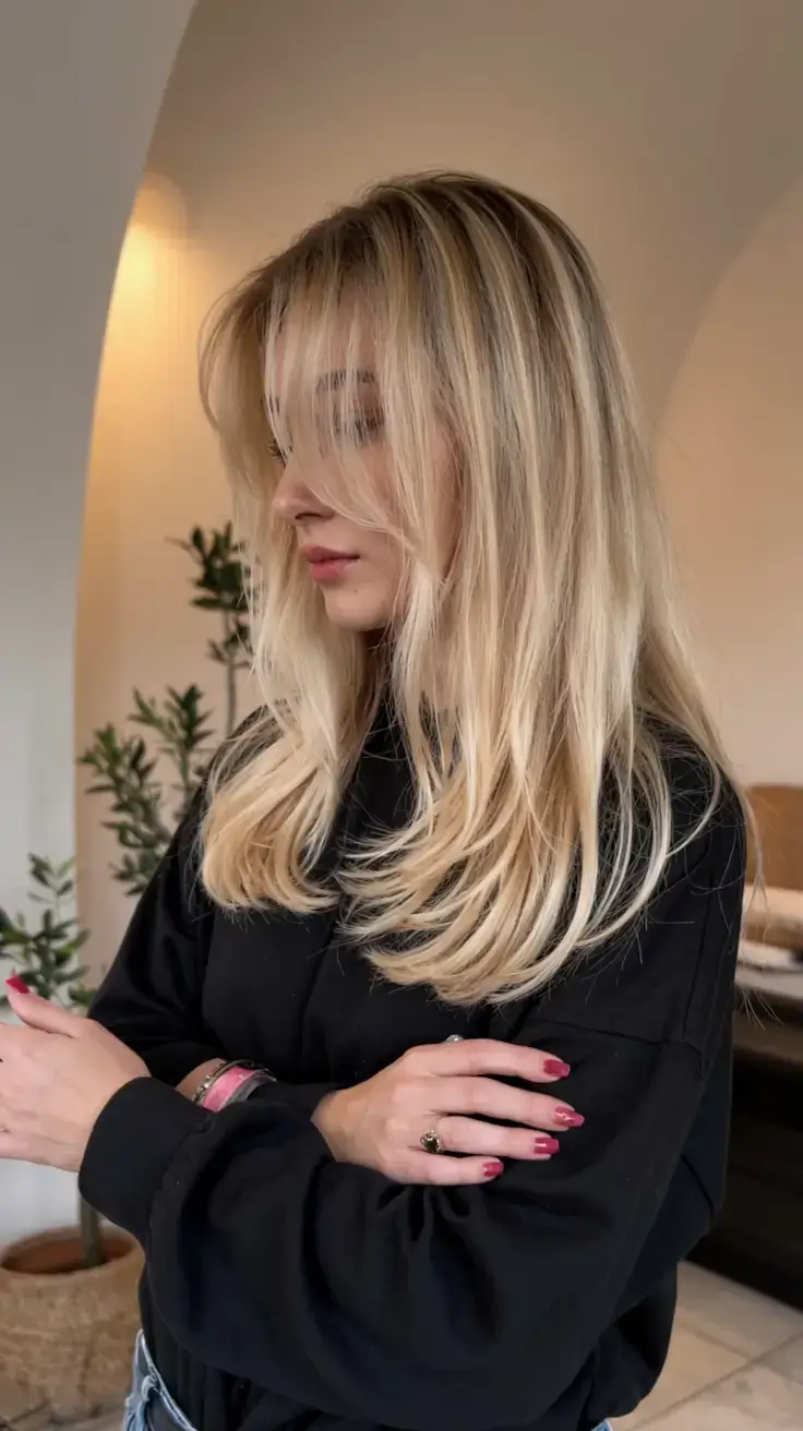 winter haircuts ideas 2025 2026 Layered Blonde with Airy Curtain Bangs