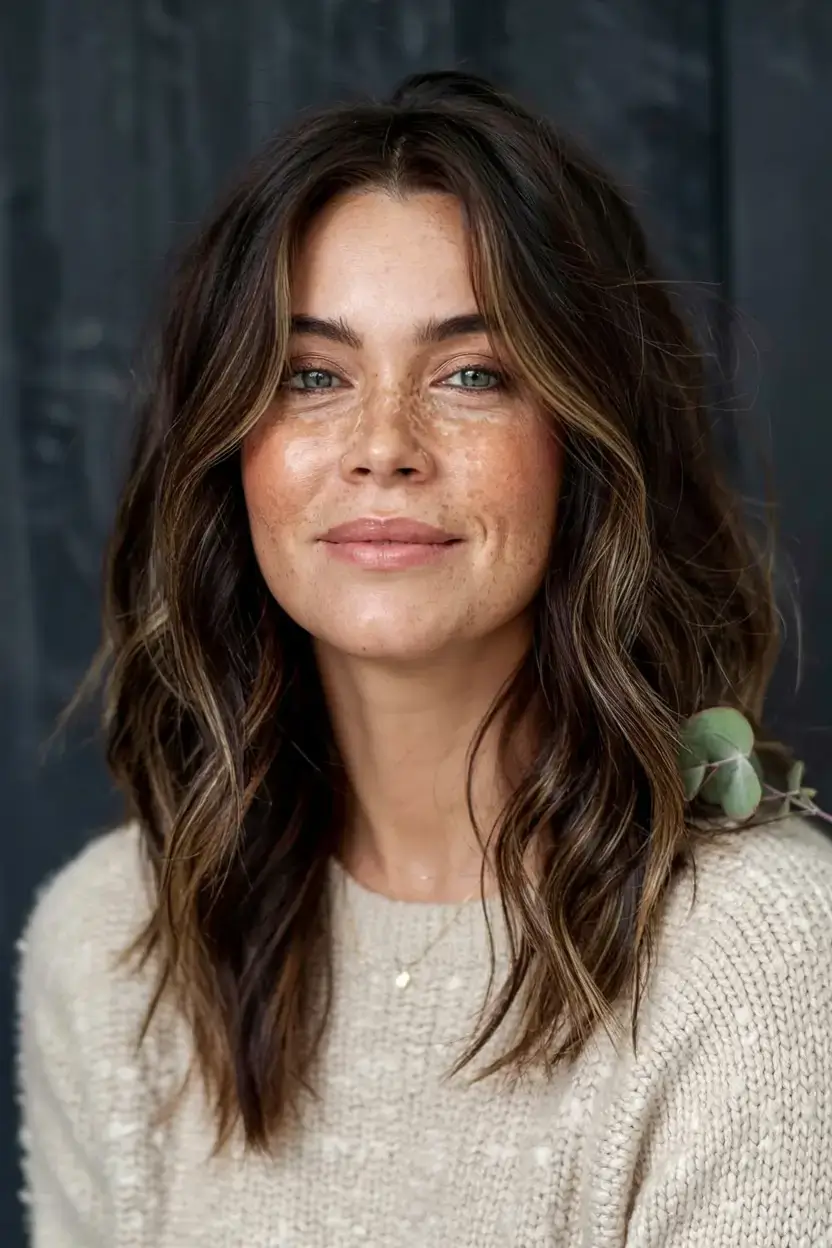 winter haircuts ideas 2025 2026 Soft Caramel Waves with Subtle Layers