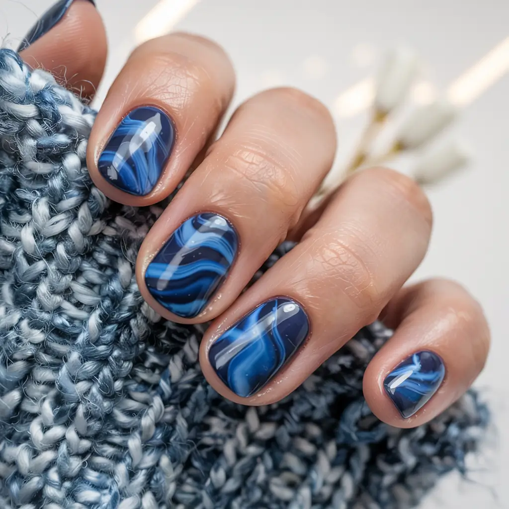 winter manicure ideas 2025 2026 Blue Marble Frost