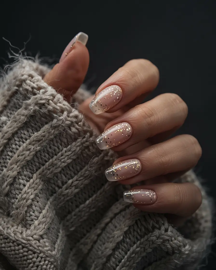 winter manicure ideas 2025 2026 Frosted Champagne Sparkle