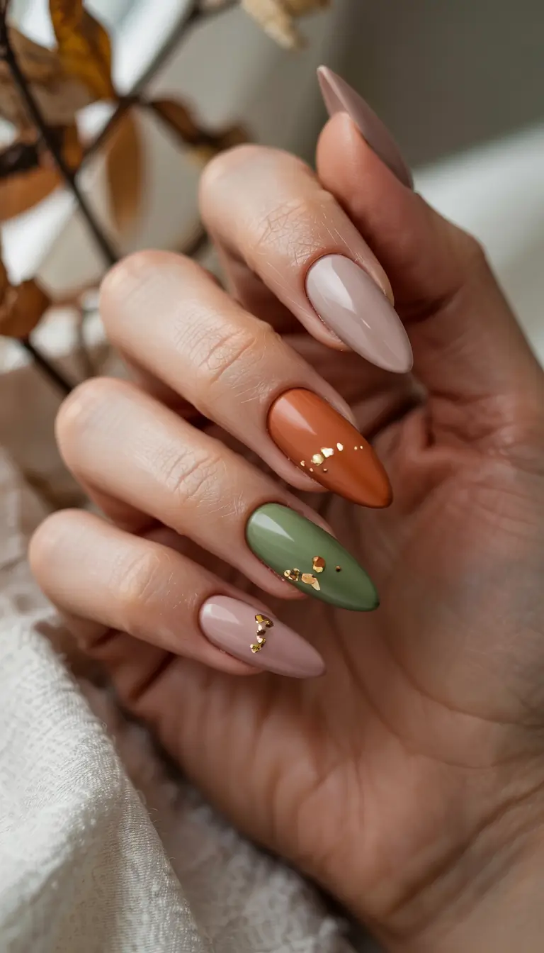winter nail designs colors 2025 2026 Maple & Moss Earthy Tones with Golden Touches