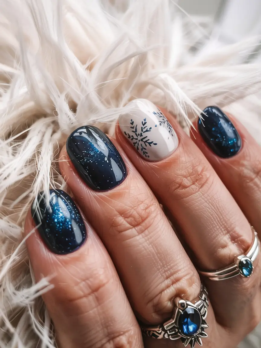winter nail designs colors 2025 2026 Midnight Snowfall Navy Sparkle with Ice Accents