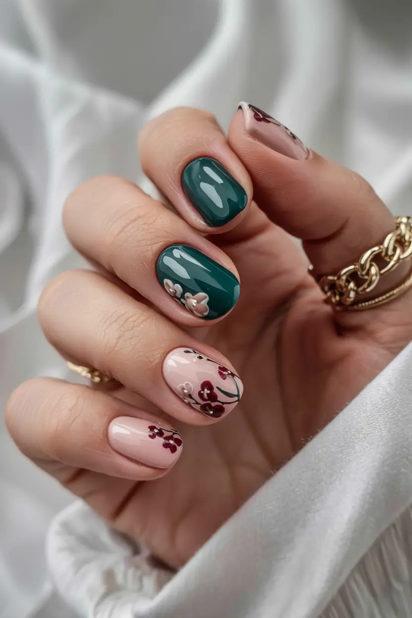 winter nail designs colors 2025 2026 Winter Botanicals Deep Green & Petal Accents