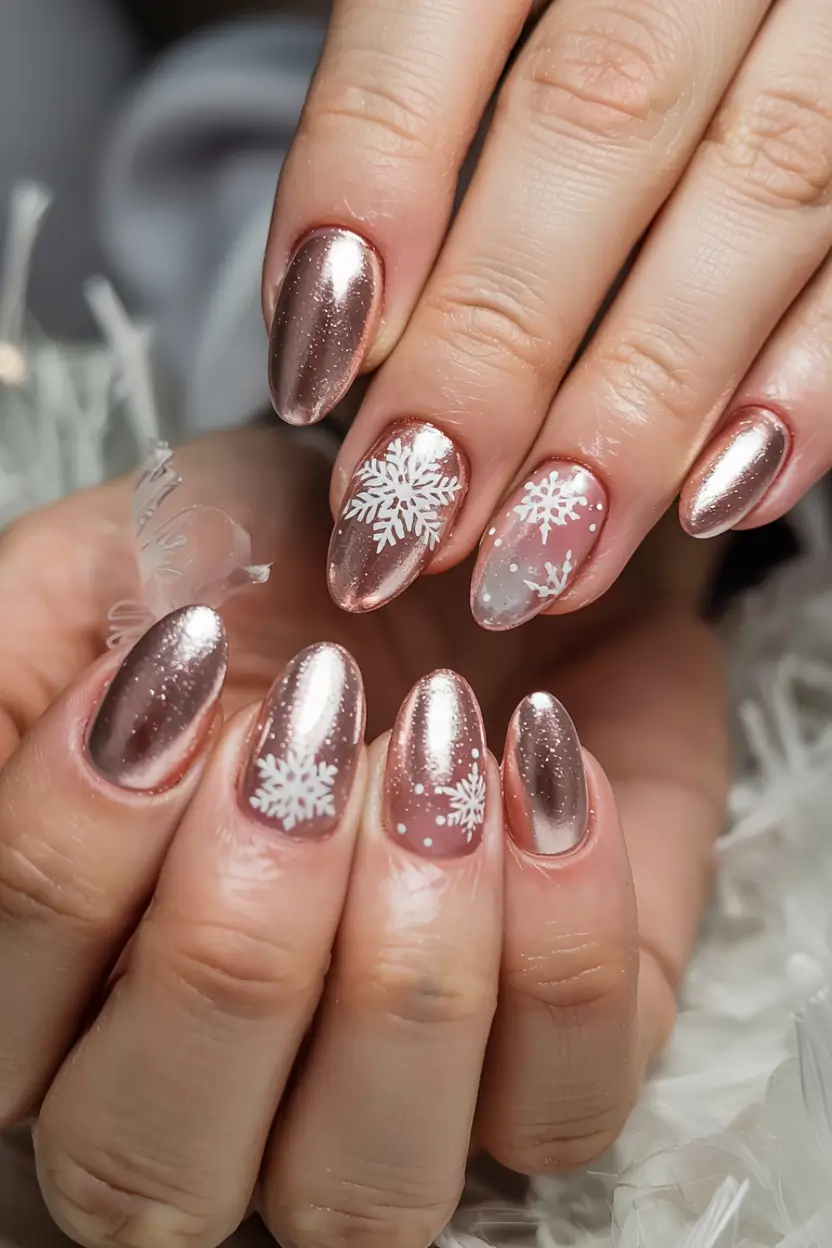 winter nail designs colors 2025 2026 Rose Chrome Frost Metallic Softness