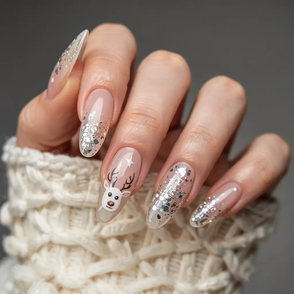 winter nail designs colors 2025 2026 Silver Reindeer Sparkle Playful Glamour Meets Cozy Magic
