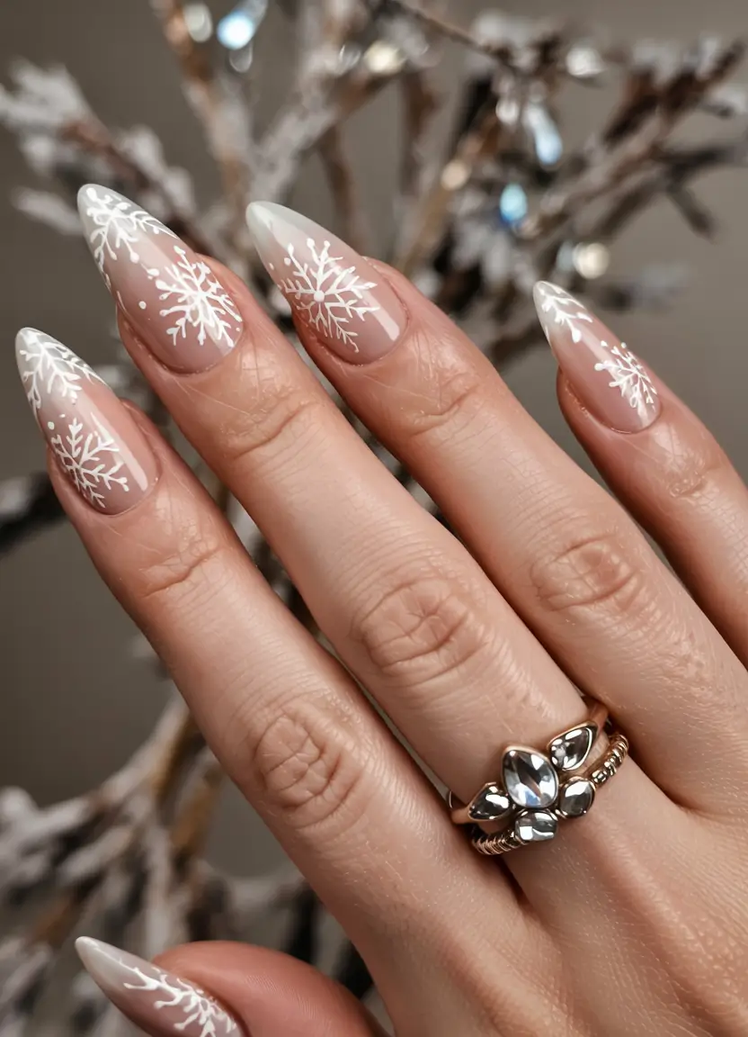 winter nail designs colors 2025 2026 Snowflake Symphony White-on-Nude Elegance