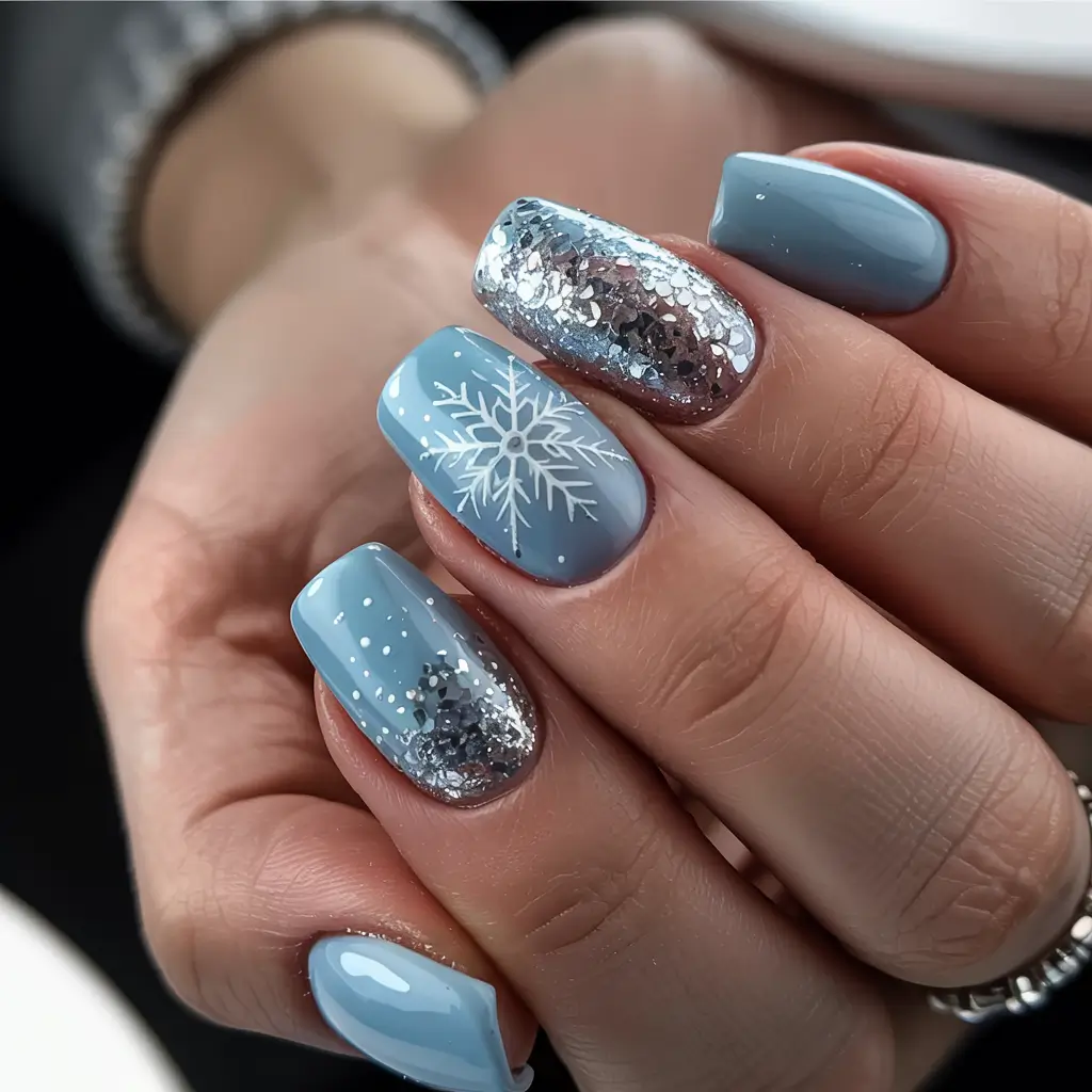 winter nail designs colors 2025 2026 Frosted Sky Ice-Blue Brilliance with Glitter Accent