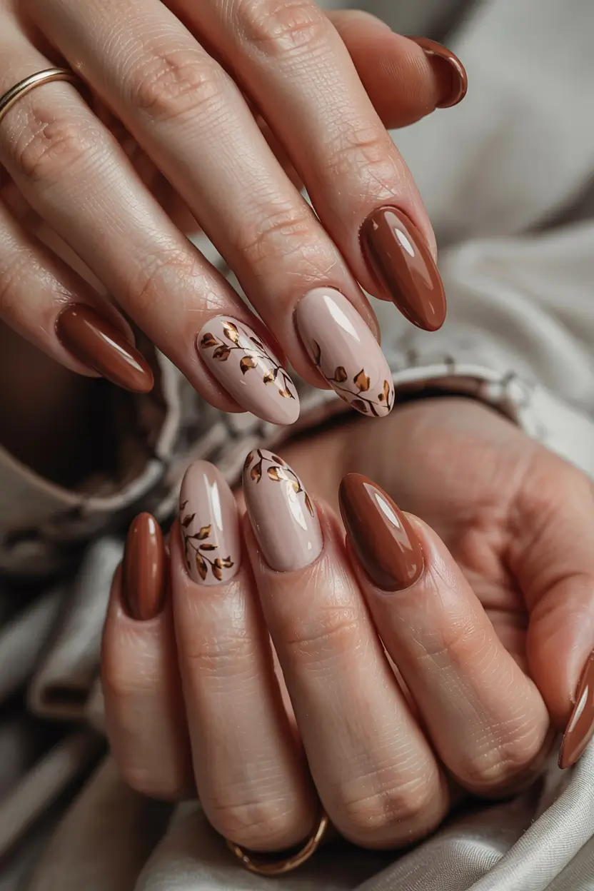 winter nail designs colors 2025 2026 Chestnut Bloom Warm Browns and Golden Petals