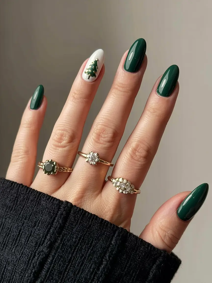 winter nail designs colors 2025 2026 Evergreen Charm Forest Green and Minimal Tree Accent