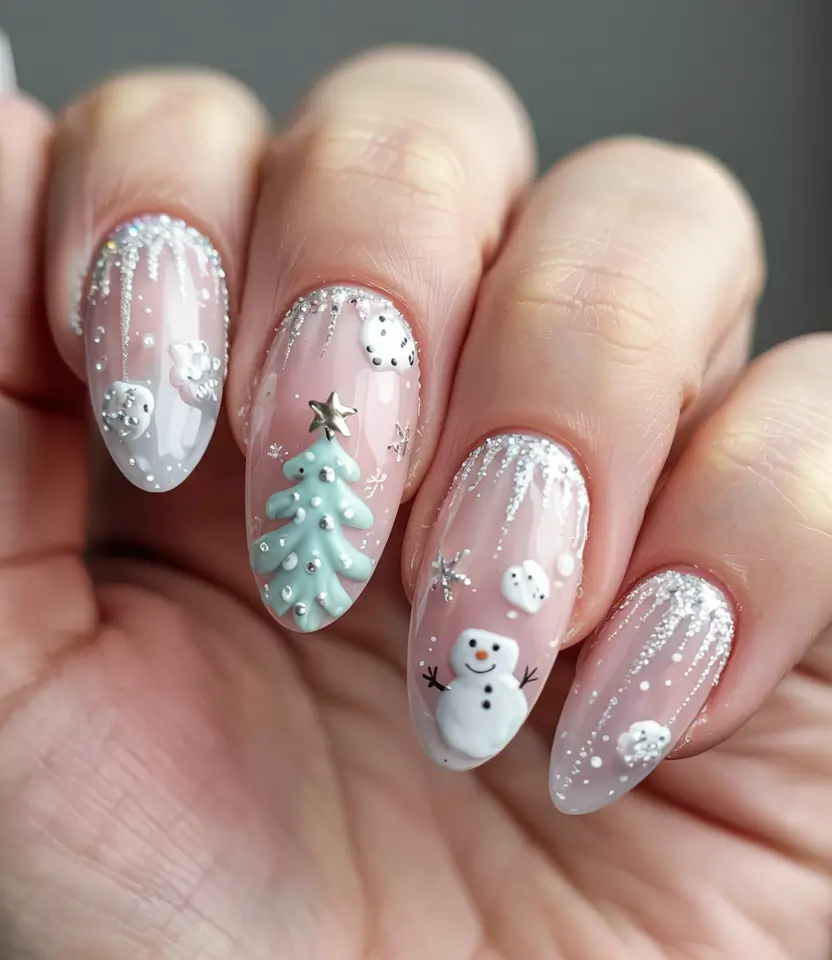 winter nail designs colors 2025 2026 Playful Wonderland Pastel Snowman & Fir Accents