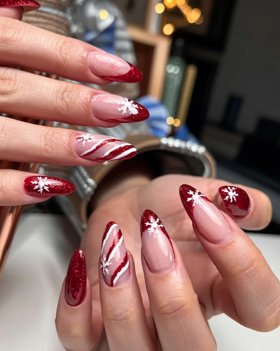 winter nail designs colors 2025 2026 Candy Cane Nights Red Sparkle and Peppermint Stripes
