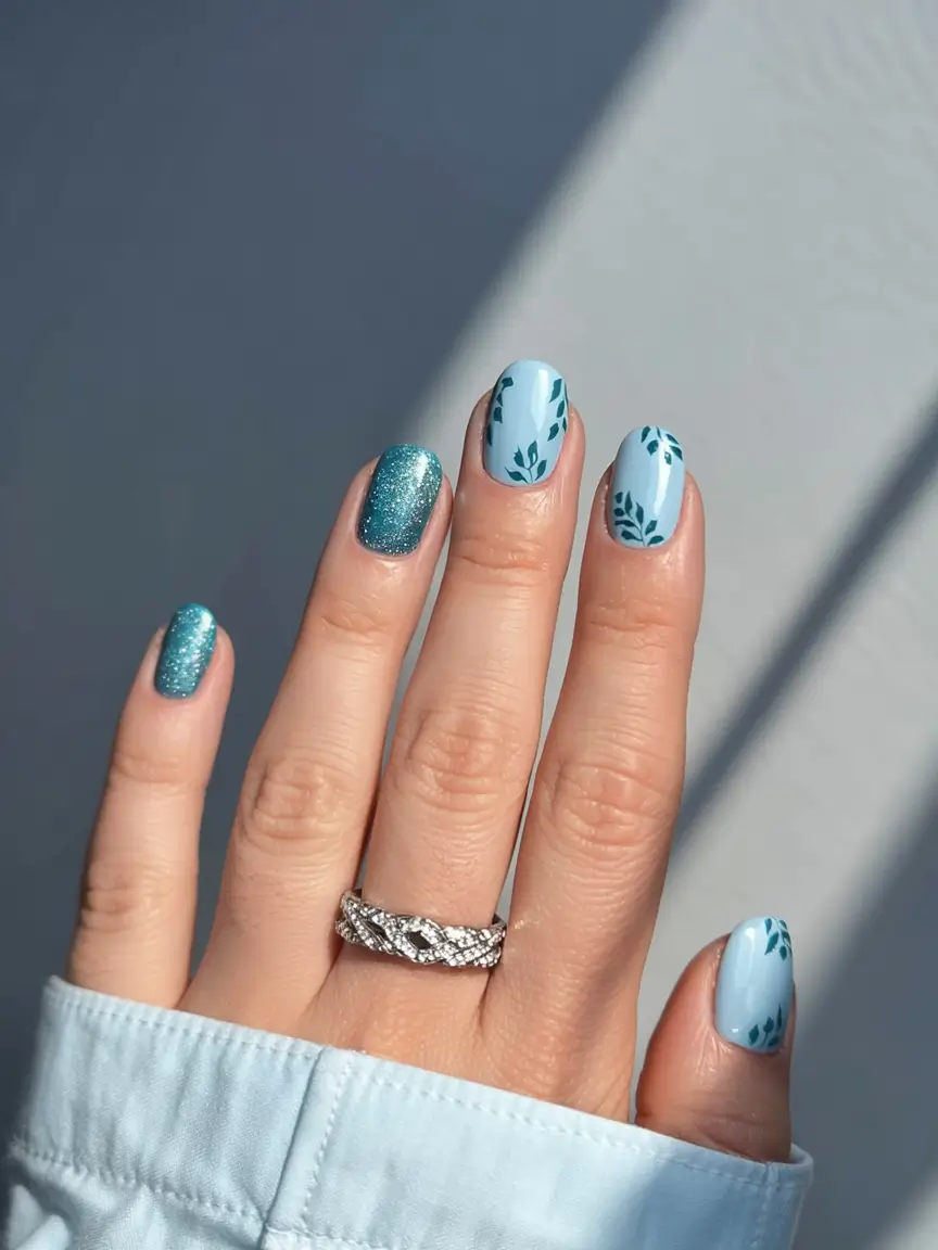 winter nail designs colors 2025 2026 Crystal Blue Serenity Frosted Teal with Glitter Leafing