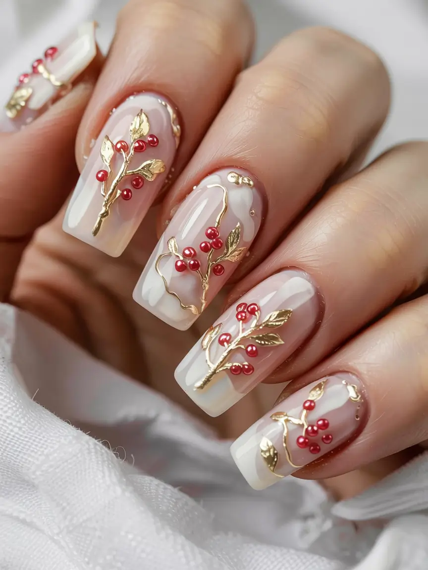 winter nail designs colors 2025 2026 Golden Winter Berries Luxe Red & Gold Accents