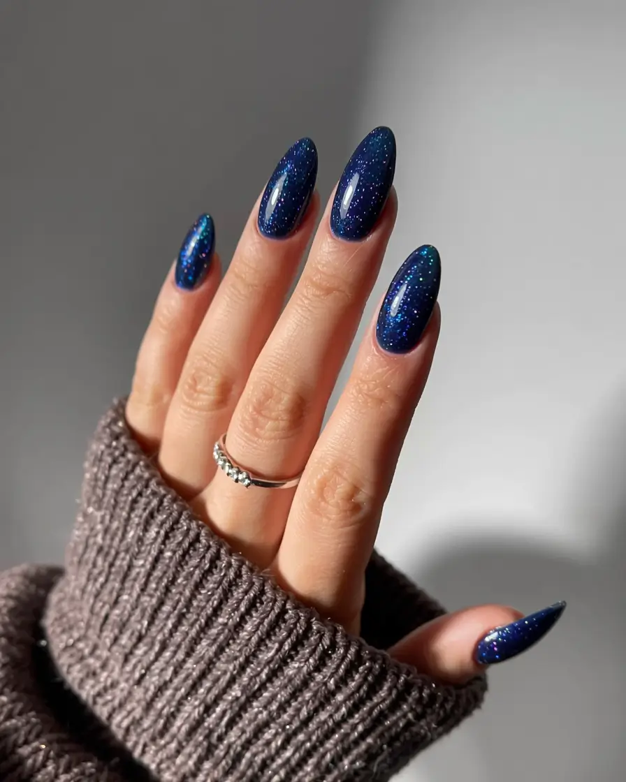 winter nail designs colors 2025 2026 Starry Midnight Deep Blue Galaxy Nails