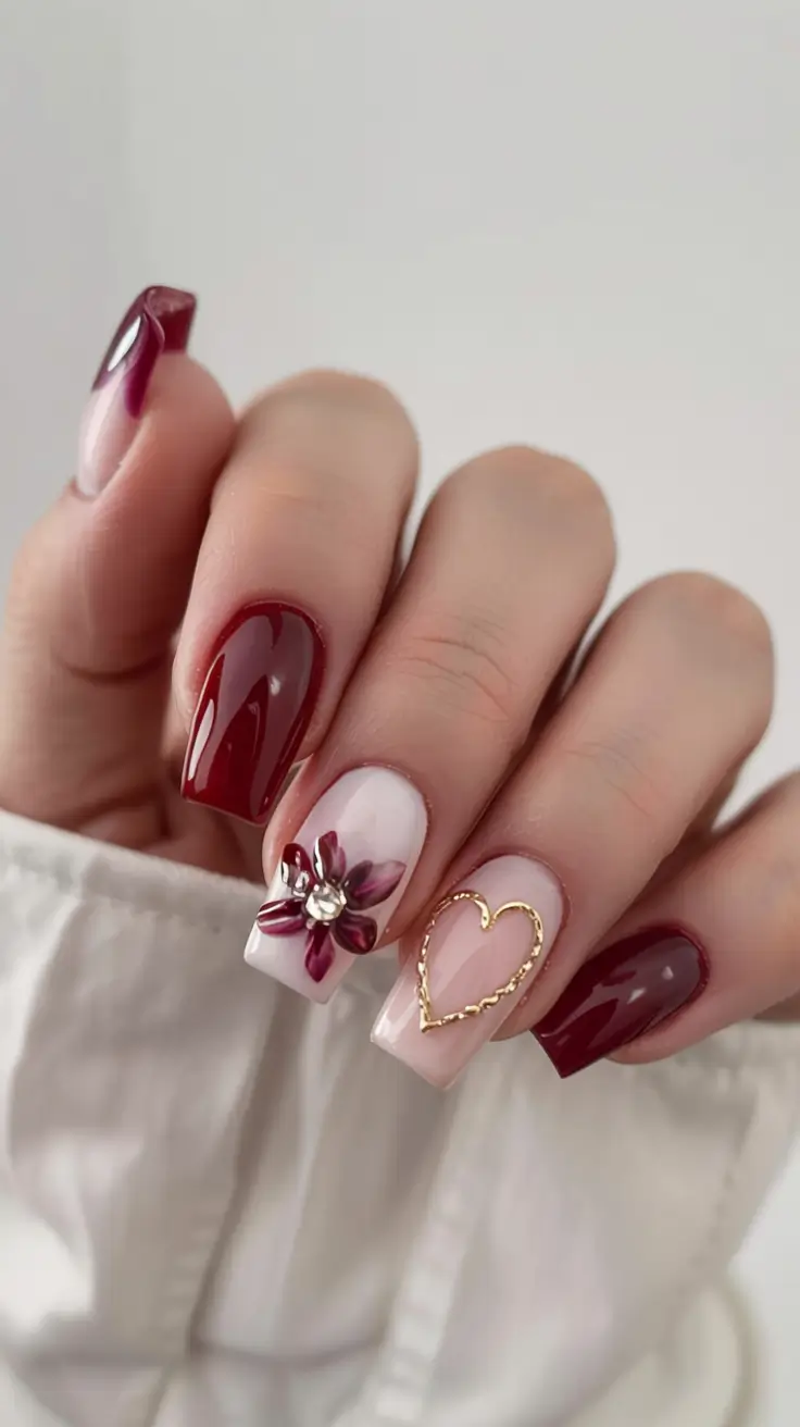 winter nail inspo 2025 2026 Burgundy Bloom & Golden Heart