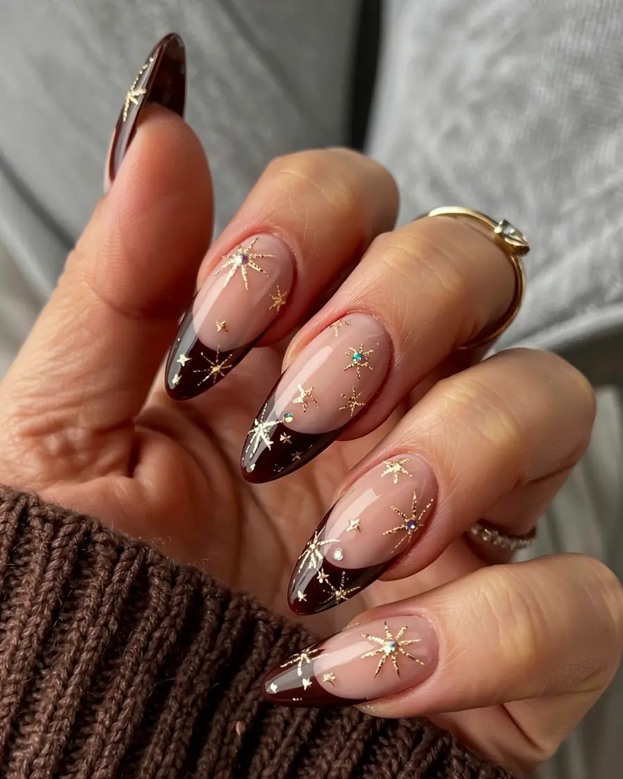 winter nail inspo 2025 2026 Gilded Mocha Stars