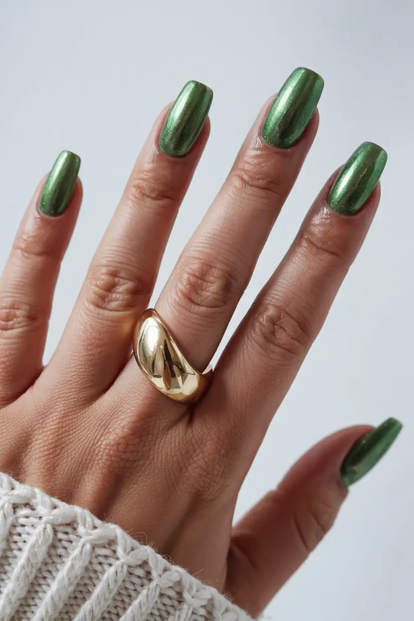 winter nails trends ideas 2025 2026 Evergreen Satin