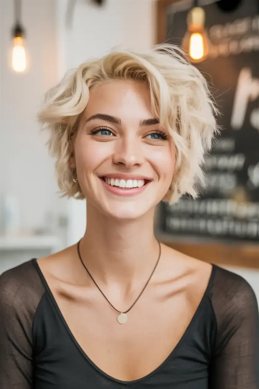 winter pixie haircuts ideas 2025 2026 Playful Blonde Pixie with Loose Waves