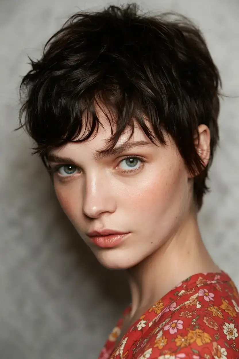 winter pixie haircuts ideas 2025 2026 Dark Pixie with Wet Look Finish