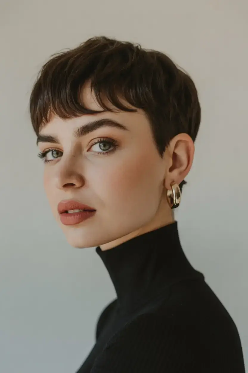 winter pixie haircuts ideas 2025 2026 Minimalist Brunette Pixie with Micro Fringe