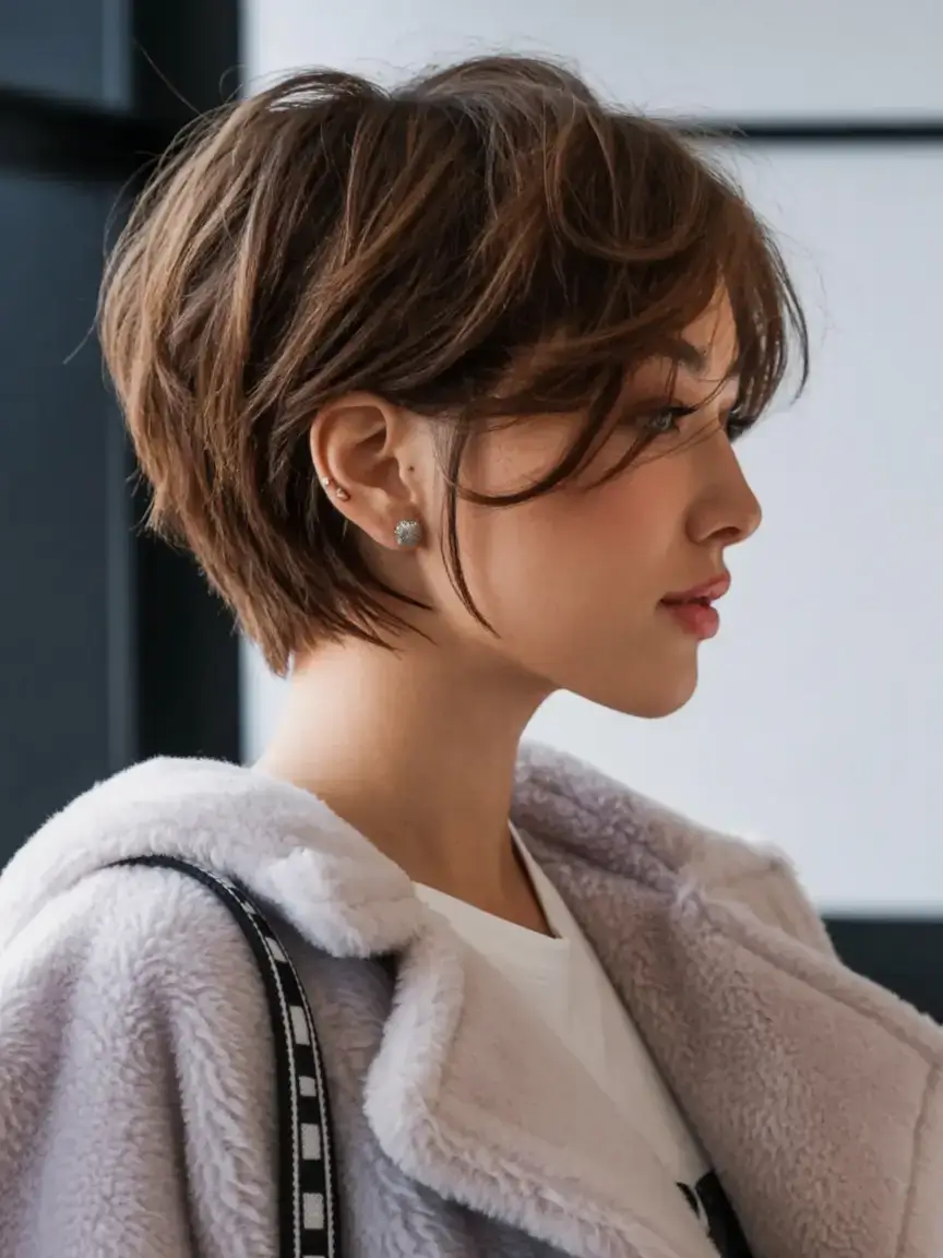 winter pixie haircuts ideas 2025 2026 Layered Brown Pixie Bob with Subtle Volume