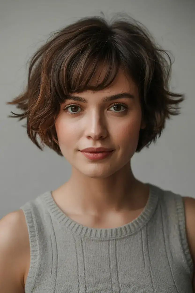 winter pixie haircuts ideas 2025 2026 Classic Brunette Pixie with Rounded Bangs