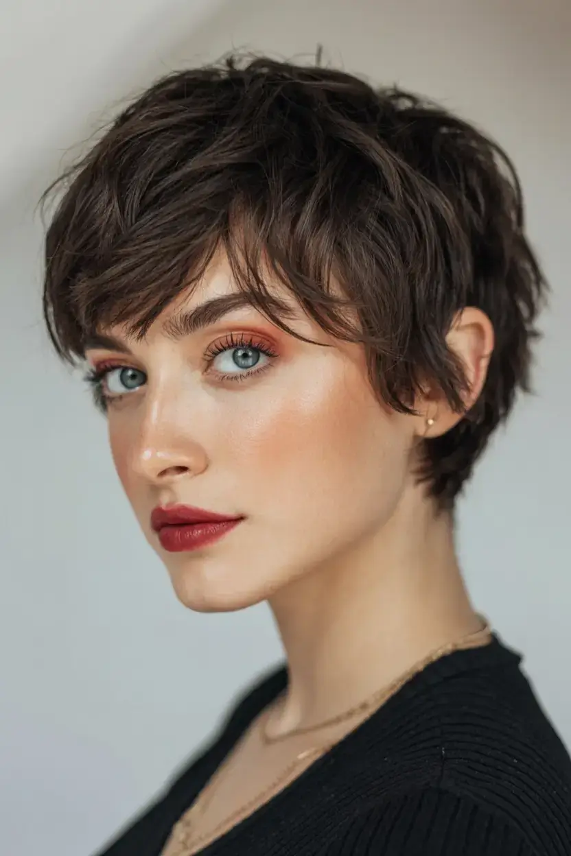 winter pixie haircuts ideas 2025 2026 Modern Tousled Pixie with Smoky Layers