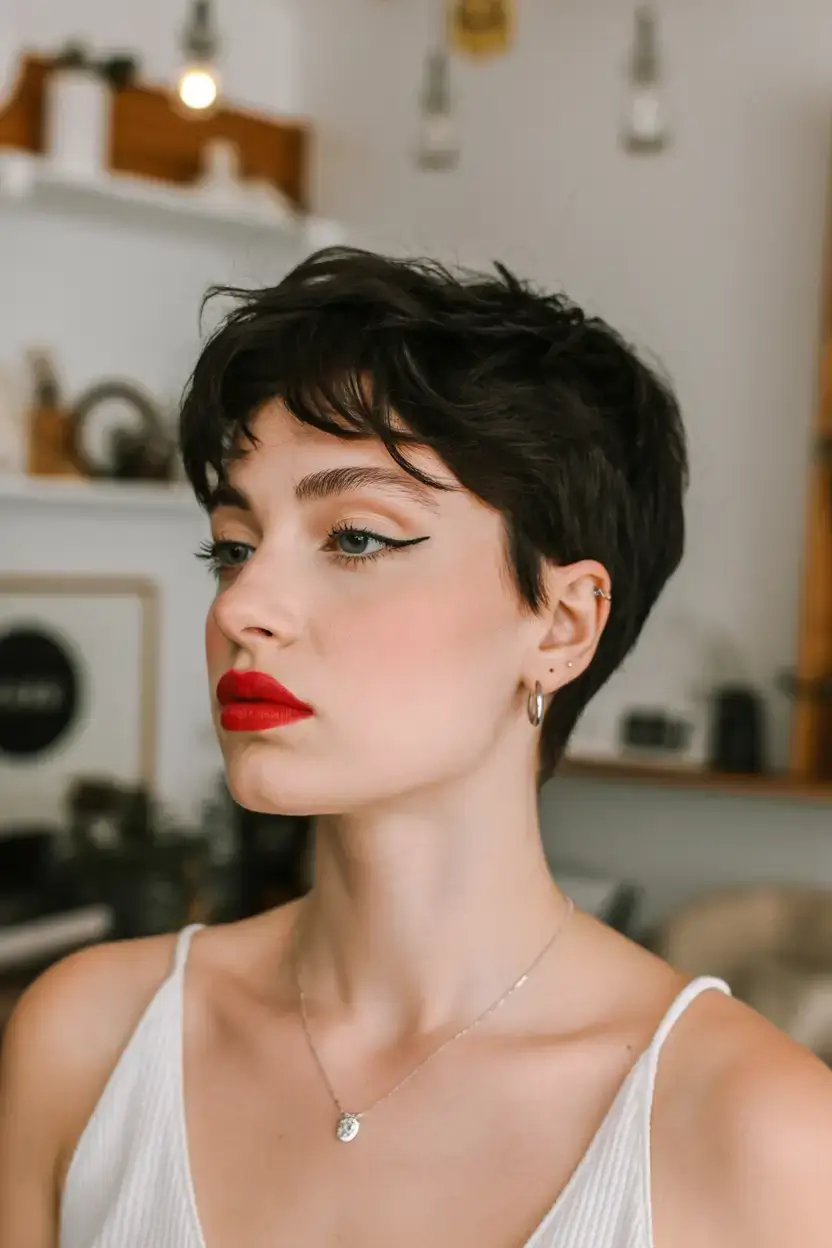 winter pixie haircuts ideas 2025 2026 Edgy Brunette Pixie with Bold Contrast