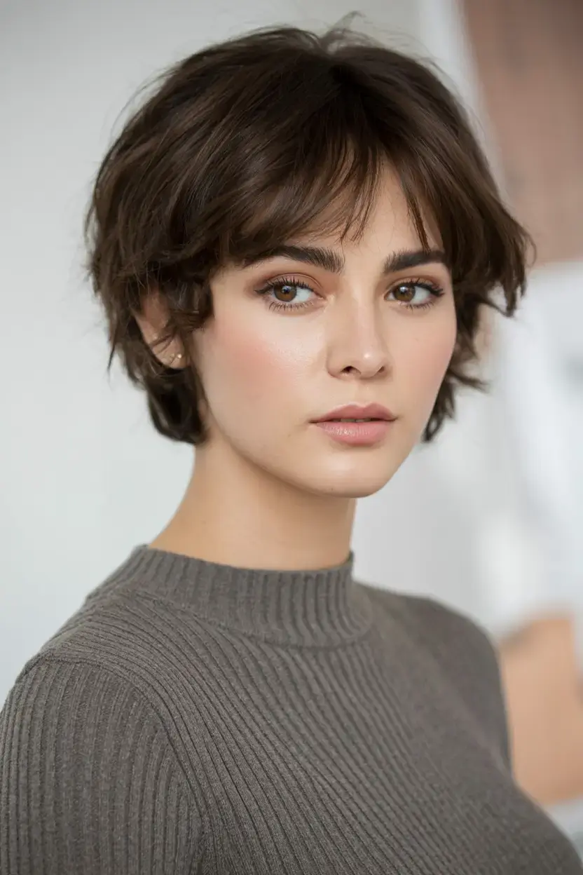 winter pixie haircuts ideas 2025 2026 Soft Brunette Pixie with Curtain Bangs