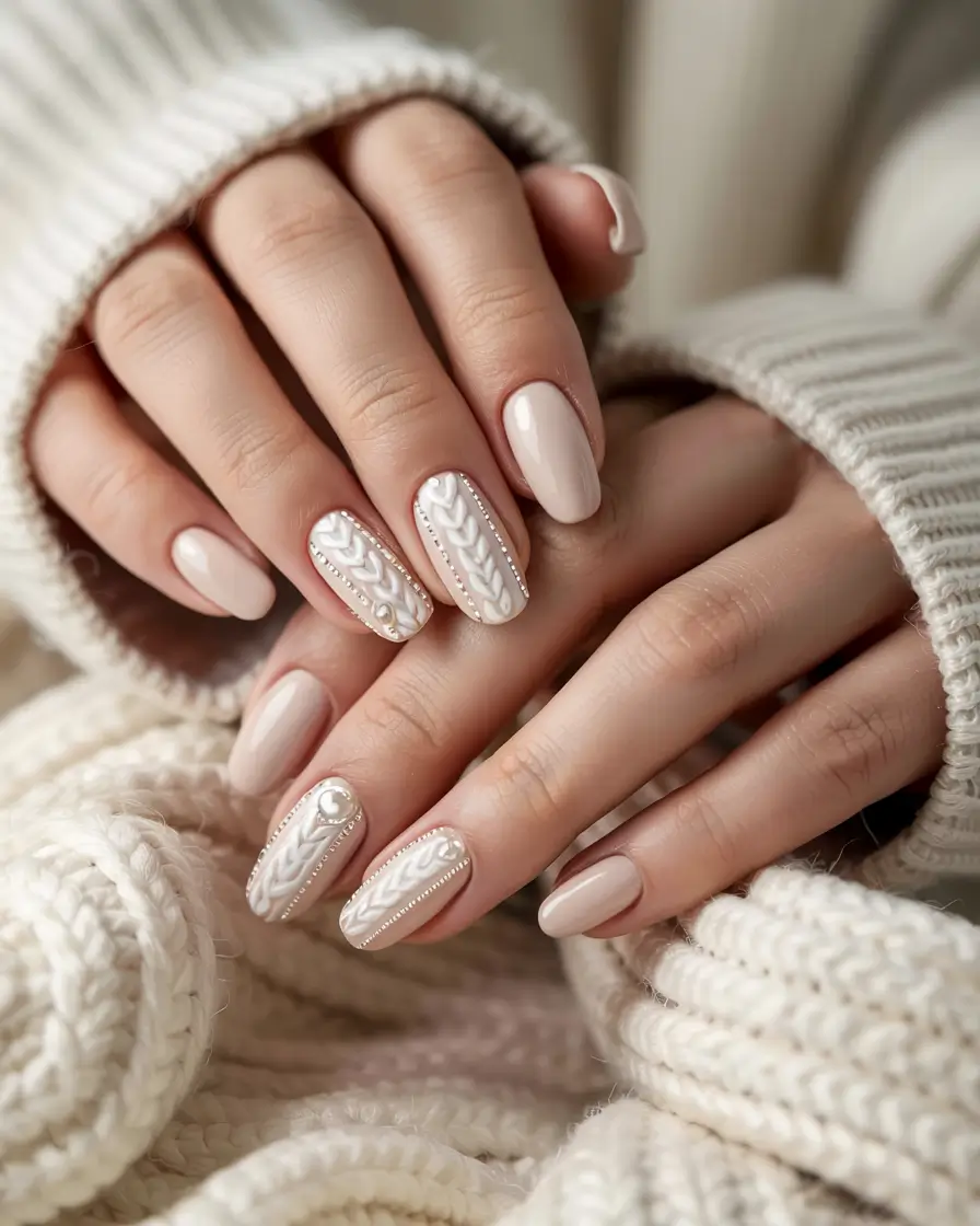 winter-sweater-nails-2025-2026 Ivory Knit with Pearled Glow