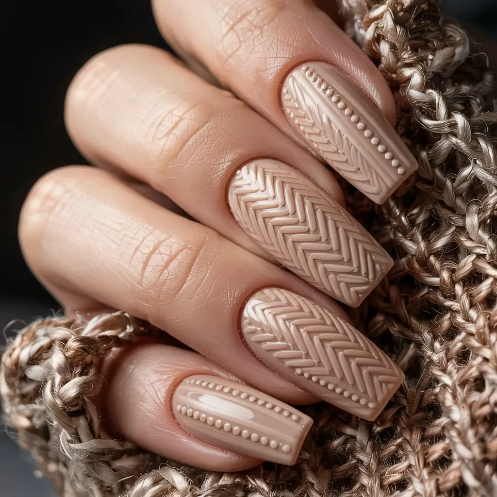 winter-sweater-nails-2025-2026 Herringbone Chic