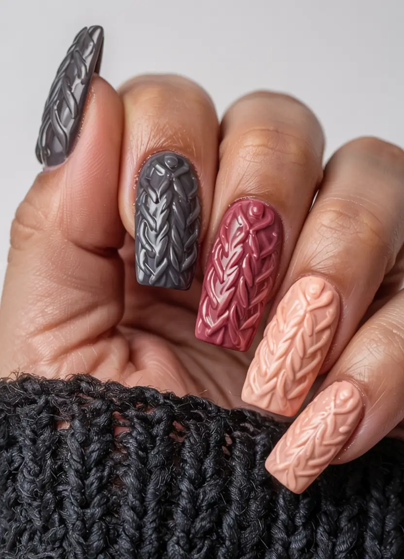 winter-sweater-nails-2025-2026 Charcoal and Rosewood Knit