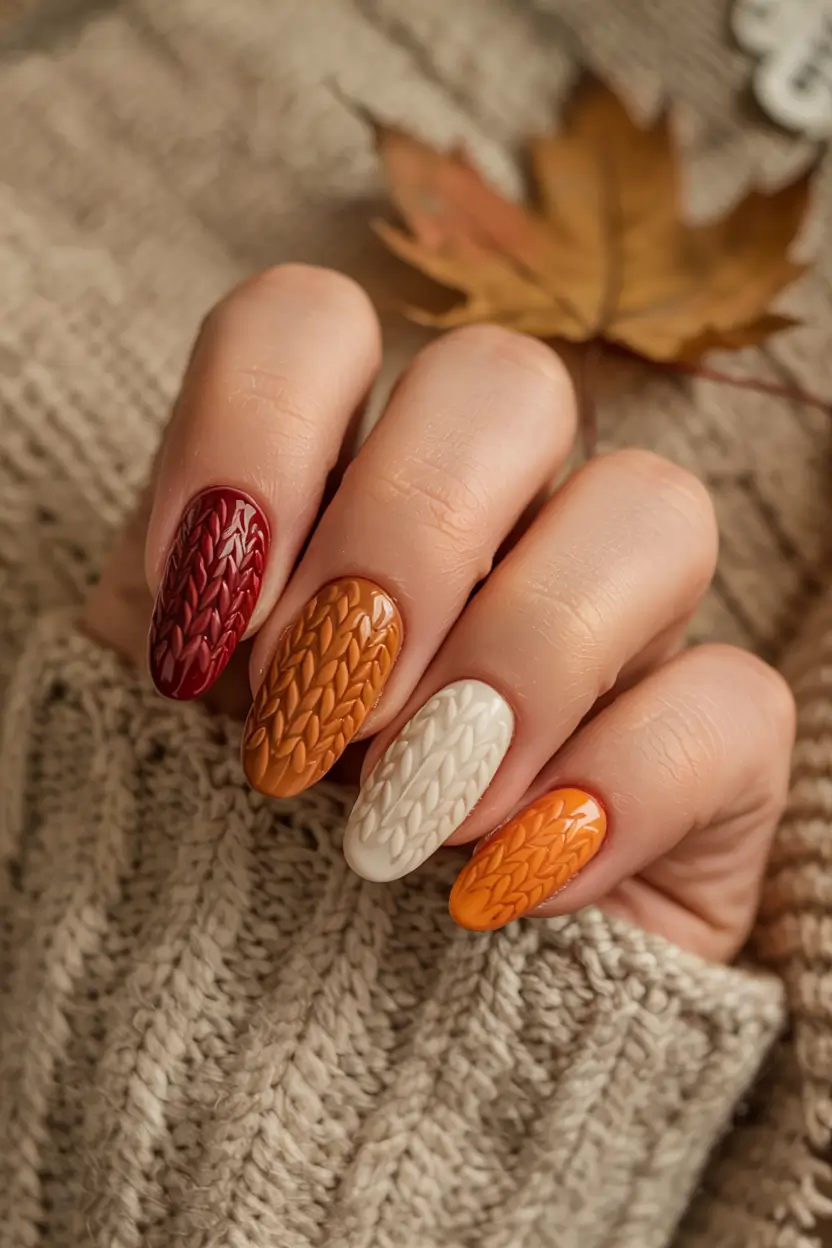 winter-sweater-nails-2025-2026 Amber Leaves and Sweater Glow