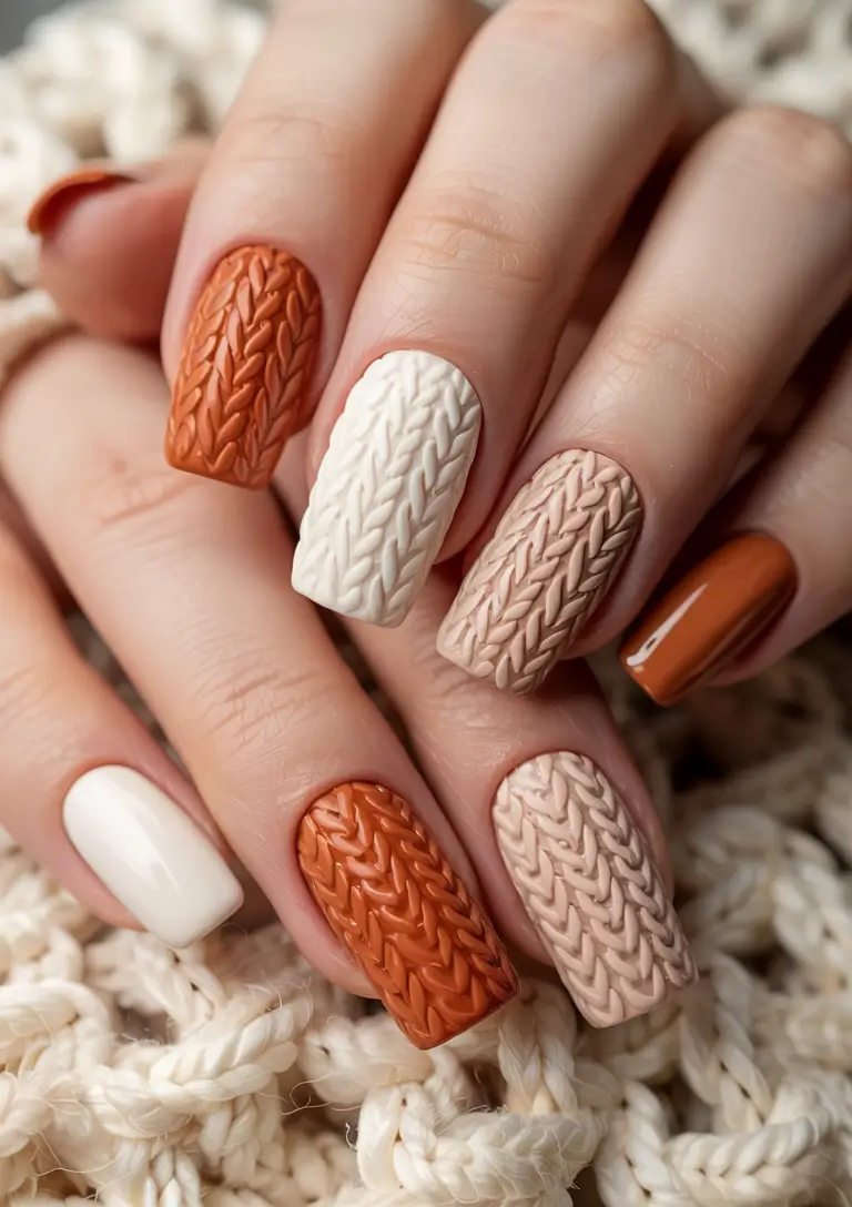winter-sweater-nails-2025-2026 Caramel Threads and Cream Knits